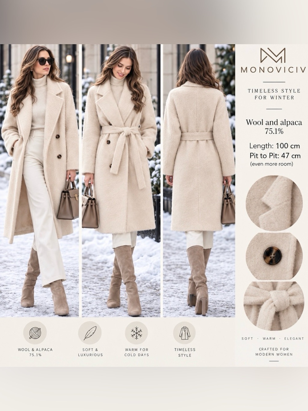 Cream Wool-Alpaca Teddy Coat with Belt XS